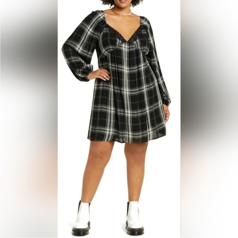BP Size L Lacey Plaid Long Sleeve Babydoll Dress In Black- Green Rayon Plaid NWT